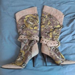 Dan Sara Floral Embroidered Tan and Brown Stiletto Cowgirl Boots